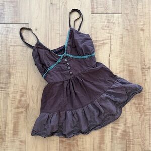Vintage Bohemian Brown Cotton Spaghetti Strap Ruffle Top with Green Trim